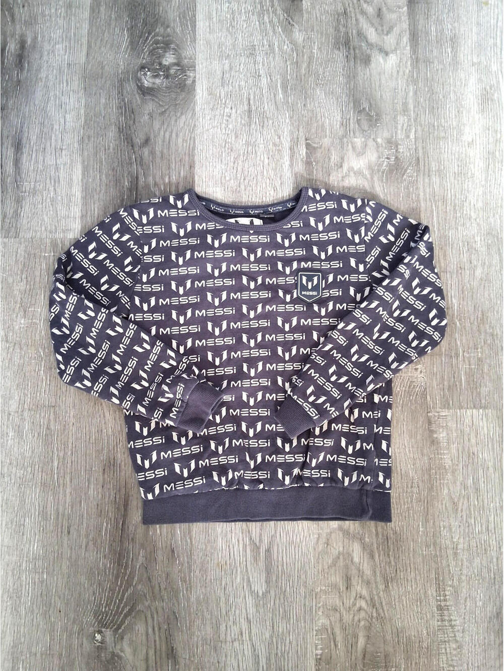Messi Boys Size 7-8 Blue/White All Over Print 100% Cotton Long Sleeve Sweatshirt